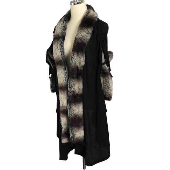 Pretty Angel Faux Fur Trimmed Duster Vest Black Linen Wool Knit Cardigan S/M - Picture 12 of 16